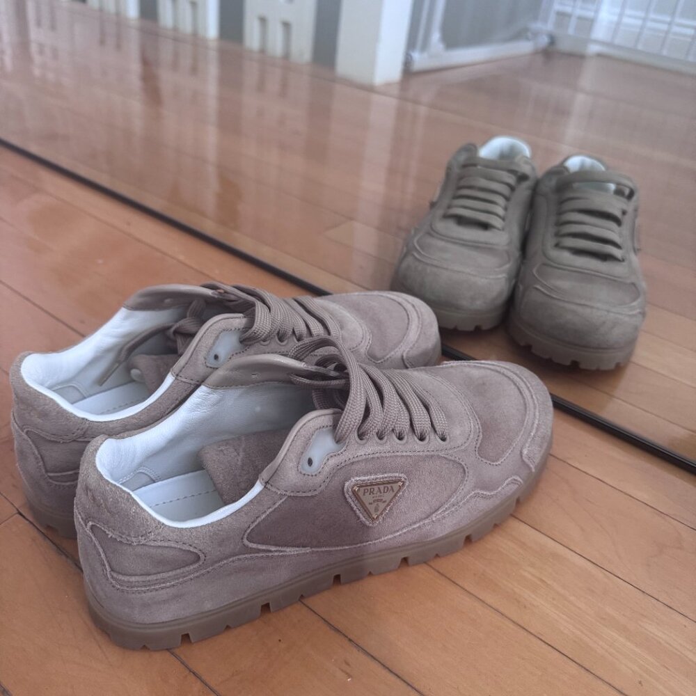 Prada Trail Faded Suede Sneakers sz 38.5 Beige Khaki - current season